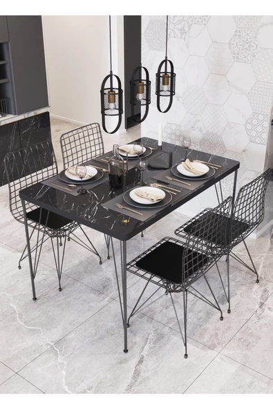 AVVİO 60x120 Mera 4 Kişilik Yemek Masası Takımı-mutfak Masası Takımı-siyah Mermer Desenli Oval Kenar ürün görseli 1