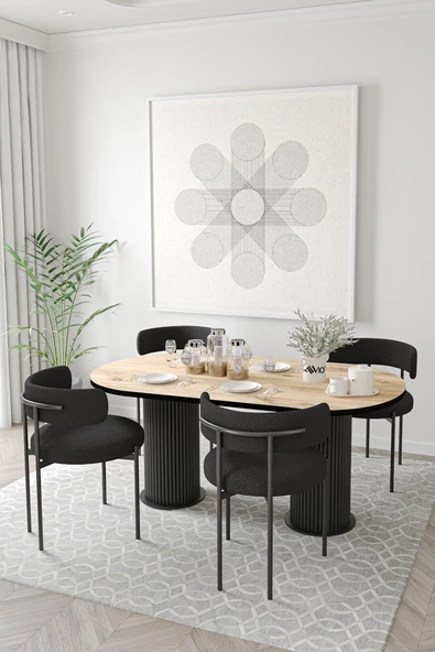 AVVİO Miranda Ptt Silindir Ayak 80x140 Oval Yemek Masası Mutfak Masası Masa Sandalye Takımı(BUKLE KUMAŞ) ürün görseli 1