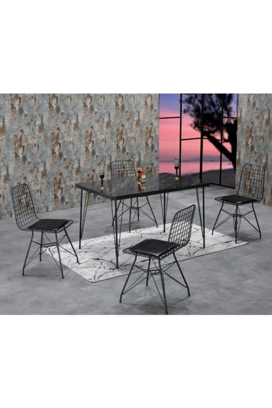 AVVİO Rozalin 4 Kişilik Siyah Mermer Görünümlü Metal Mutfak Masası Takımı-siyah Tel Sandalyeli 80x120 Cm ürün görseli 1