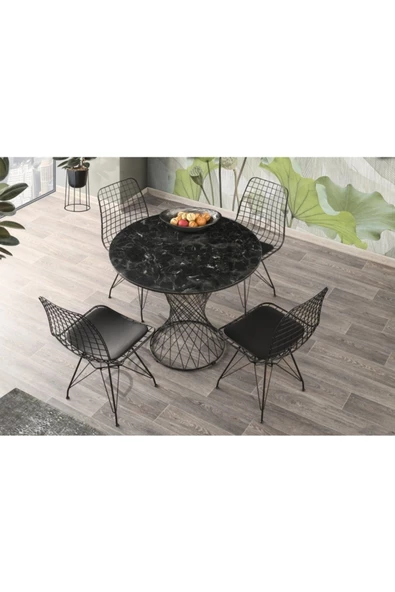AVVİO 90x90 Parla Yuvarlak Yemek Masa Takım Mutfak Masa Sandalye Takımı Siyah Mermer Desenli ürün görseli 1