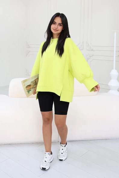 Reyon Yırtmaç Detaylı Oversize Sweatshirt Neon Yeşil ürün görseli 1