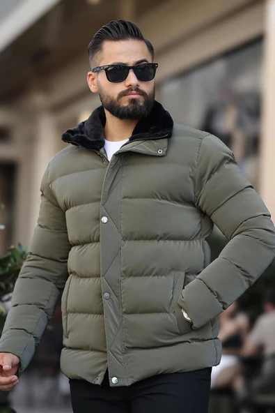 Erkek Parlak Kışlık Şişme Mont Astarlı Haki ürün görseli 1