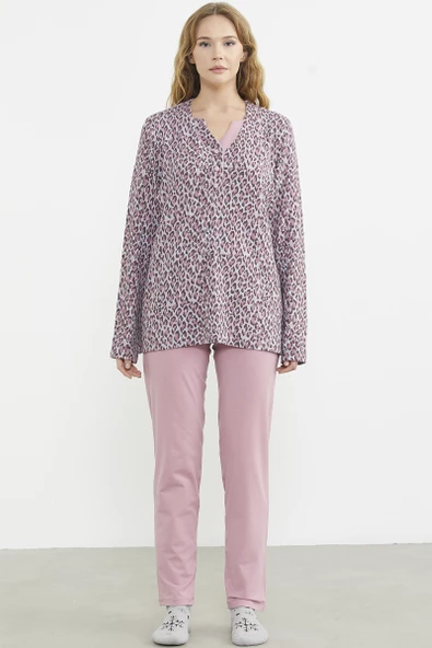 Yakası Düğmeli Leopar Kombinli Pijama Takım - Pembe ürün görseli 1