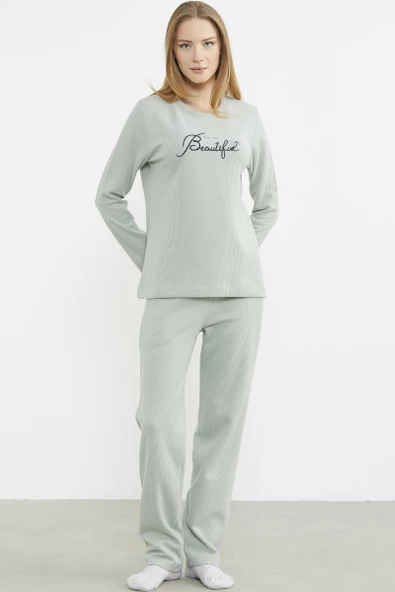 Fitilli Kalın Sıfır Yaka Pijama Takım - Yeşil ürün görseli 1