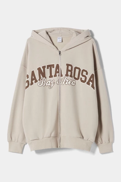 Bershka Santa Rosa Baskılı Kapüşonlu Sweatshirt Cepsiz Fermuarlı ürün görseli 1