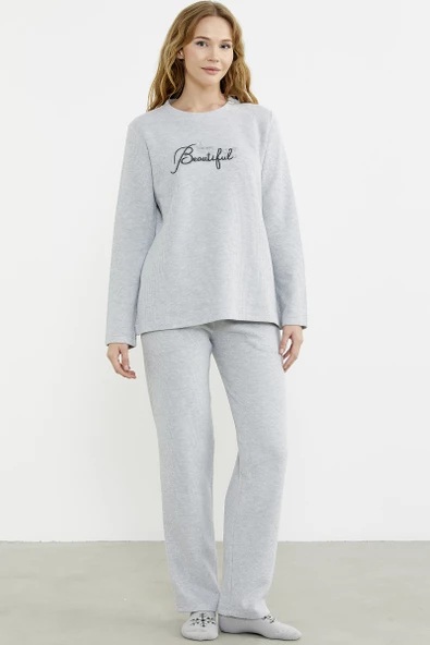 Fitilli Kalın Sıfır Yaka Pijama Takım - Gri ürün görseli 1