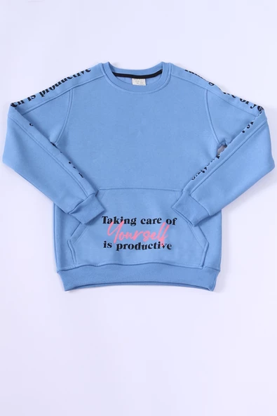 KIZ ÇOCUK 3 İPLİK SWEAT KANGURU CEPLİ BASKILI C24 ürün görseli 1