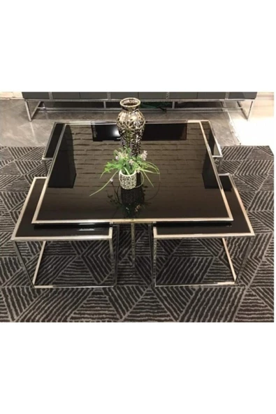 Onurdesign Kante Metal Crom Kaplama Siyah Cam Orta Sehpa 4+1 ürün görseli 1