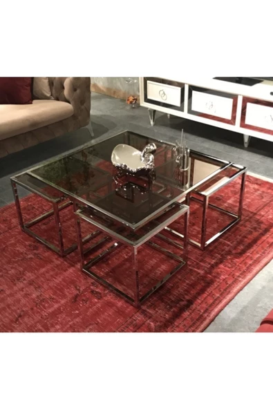 Onurdesign Kante Metal Crom Kaplama Bronz Şeffaf Camlı Kare Orta Sehpa 4+1 ürün görseli 1