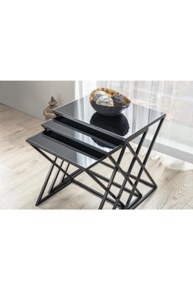 Onurdesign Venedik Metal Siyah Ayak Siyah Cam 3 Lü Içiçe Geçen Zigon Sehpa ürün görseli 1