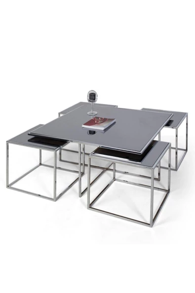 Onurdesign Kante Metal Crom Kaplama Füme Aynalı Orta Sehpa 4+1 ürün görseli 1