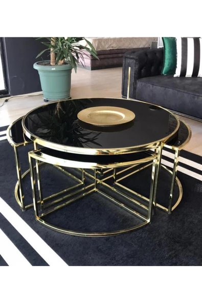 Onurdesign Sosa Metal Gold Kaplama Siyah Camlı Yuvarlak Orta Sehpa 4+1 ürün görseli 1