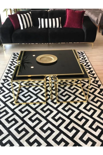 Onurdesign Kante Metal Gold Kaplama Siyah Camlı Kare Orta Sehpa 4+1 ürün görseli 1
