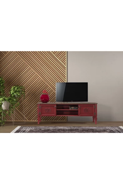 Onurdesign Kırmızı Pastel Boyalı Ahşap Tv Sehpası ürün görseli 1