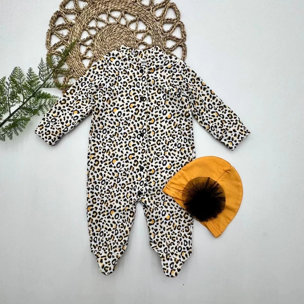 0-3-6-9 Ay Leopar Baskılı Tam Boy Çıtçıtlı Patikli Güllü Boneli Kız Bebek Tulumu ürün görseli 1