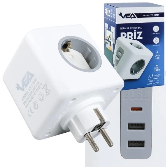 2 Usb 1 Type-C 3'Lü Termal Korumalı Grup Priz 23089 ürün görseli 1
