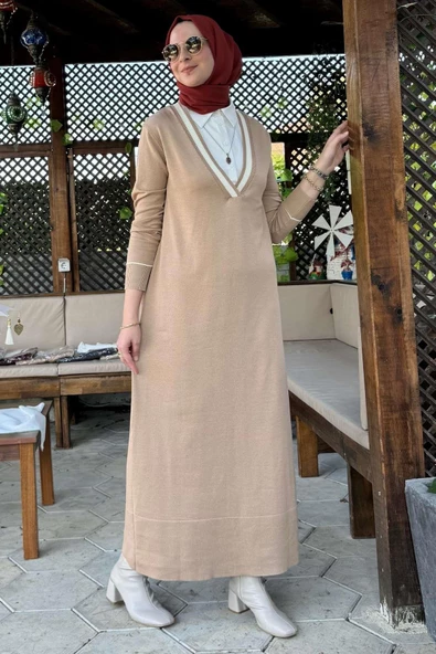 Eylül Gömlekli Triko Elbise Bej ürün görseli 1