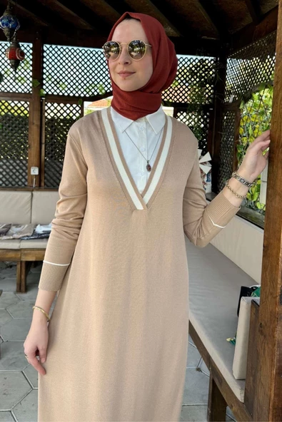 Eylül Gömlekli Triko Elbise Bej - Resim 3