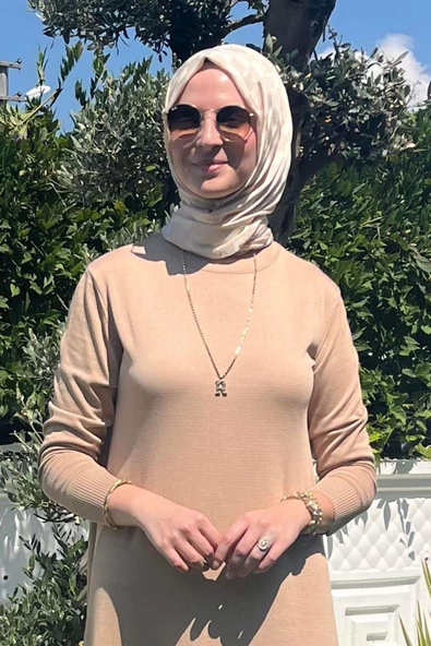 Rüya Bej Triko Elbise - Resim 3