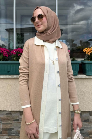 İmge Çizgili Triko Hırka Bej - Resim 7