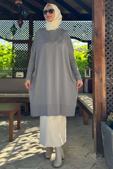 Melda Triko Tunik Gri - Resim 5
