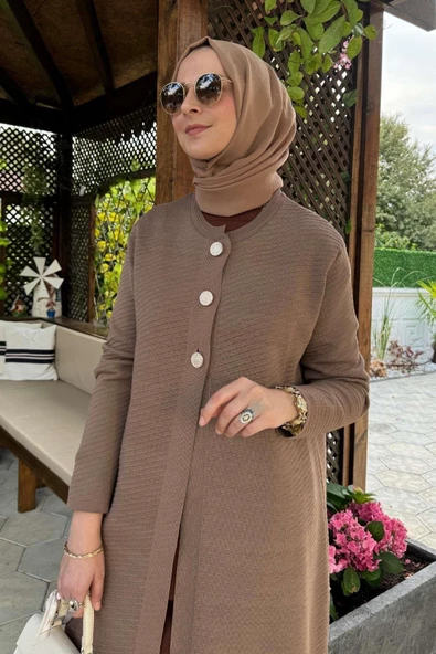 Sinem Çelik Örme Triko Hırka Sütlü Kahve - Resim 7