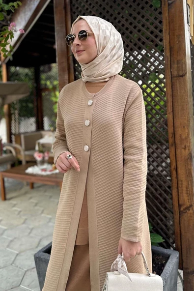 Sinem Çelik Örme Triko Hırka Bej - Resim 7