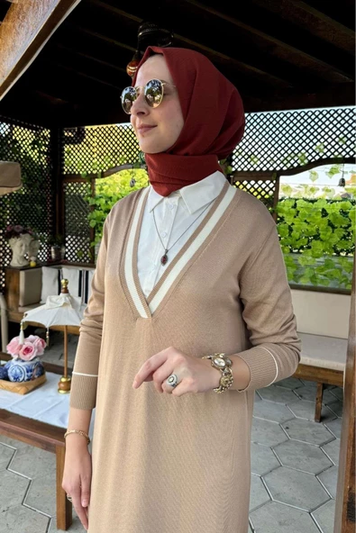Eylül Gömlekli Triko Elbise Bej - Resim 5