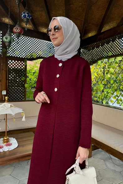 Sinem Çelik Örme Triko Hırka Bordo - Resim 4