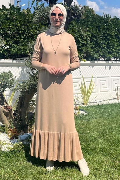 Rüya Bej Triko Elbise - Resim 4