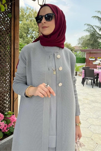 Sinem Çelik Örme Triko Hırka Gri - Resim 3