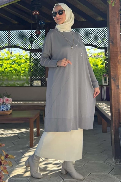 Melda Triko Tunik Gri - Resim 6