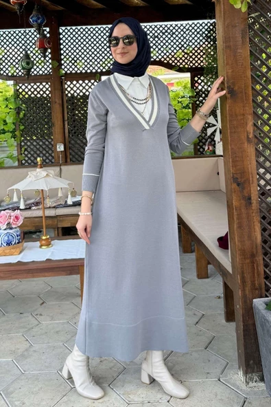Eylül Gömlekli Triko Elbise Gri - Resim 7