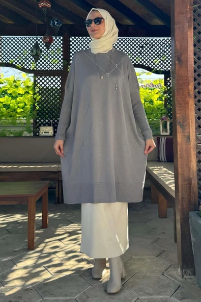 Melda Triko Tunik Gri - Resim 3