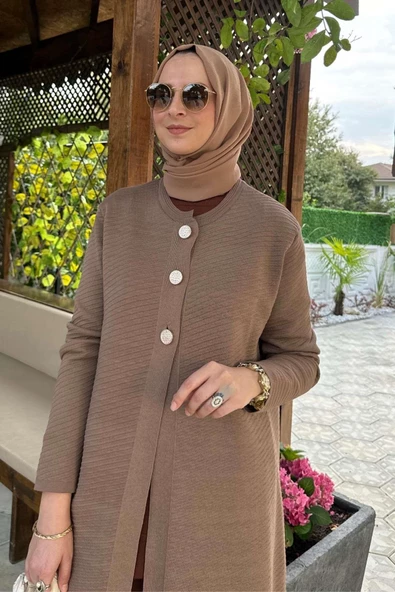 Sinem Çelik Örme Triko Hırka Sütlü Kahve - Resim 6