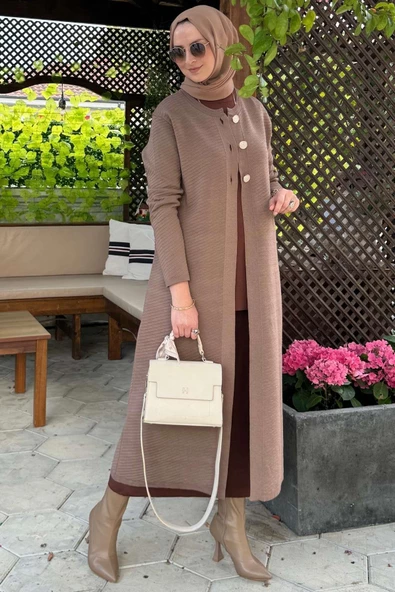 Sinem Çelik Örme Triko Hırka Sütlü Kahve - Resim 5