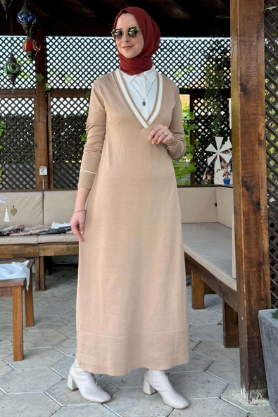 Eylül Gömlekli Triko Elbise Bej - Resim 7