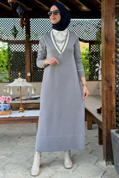Eylül Gömlekli Triko Elbise Gri - Resim 4