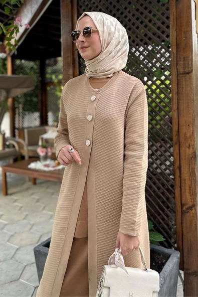 Sinem Çelik Örme Triko Hırka Bej - Resim 4
