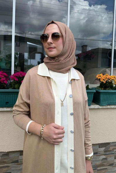 İmge Çizgili Triko Hırka Bej - Resim 2