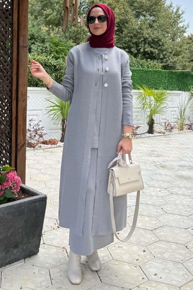 Sinem Çelik Örme Triko Hırka Gri - Resim 6