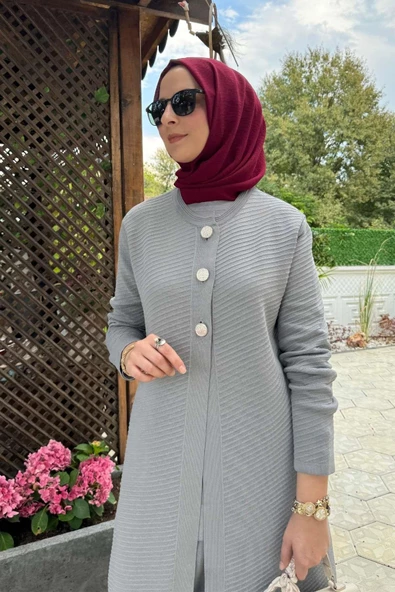 Sinem Çelik Örme Triko Hırka Gri - Resim 5