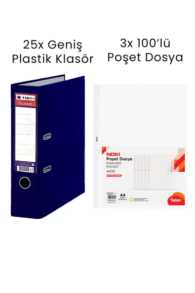 25 Adet Tigra Geniş Klasör 3 Adet Noki 100'lü Poşet Dosya Ofis Seti ürün görseli 1