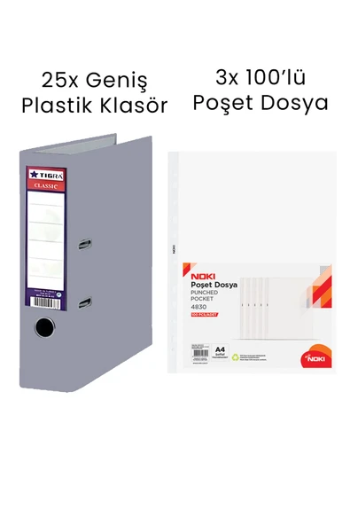 25 Adet Tigra Geniş Klasör 3 Adet Noki 100'lü Poşet Dosya Ofis Seti ürün görseli 1