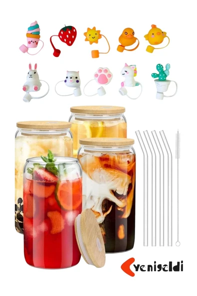 Yenigeldi 4 Adet Bambu Kapaklı Cam Bardak Buzlu Kahve Smoothie Kokteyl Bardağı 4 Cam Pipet Ve 2 Temizleme Fırç ürün görseli 1