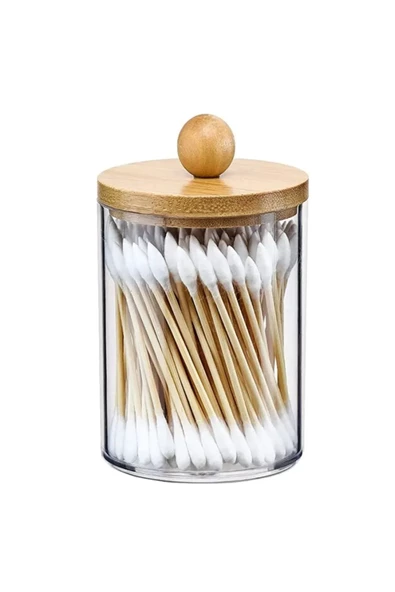 Yenigeldi 1 Adet ( 8* 6.5 Cm ) Bambu Kapaklı, Şeffaf Cam Kavanoz, Pamuk, Diş Ipi, Makyaj Fırçası ürün görseli 1