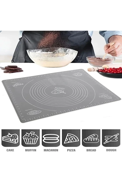 Yenigeldi Gri Silikon Yapışmaz Hamur Açma Matı, Ölçekli Hamur Açma Altlığı Masa Tezgah Yüzey Koruyucu 50x40cm ürün görseli 1