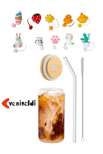 Yenigeldi 1 Adet Çilek Kapaklı Tıpa Cam Pipetli (9 MM) ,siboplu Bambu Kapaklı,bardak Ve 1 Adet Fırça ürün görseli 1