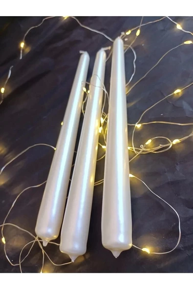 Yenigeldi 3 Lü , 7 Saat Yanan ,metalik Sedef Şamdan Mumu, Ivorry Taper Candle ürün görseli 1