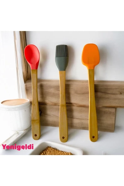 Yenigeldi 6 Adet 21 cm Pastel Renk Bambu Saplı Mini Silikon Pişirme Seti, ( Kaşık,Fırça,Spatula) ürün görseli 1